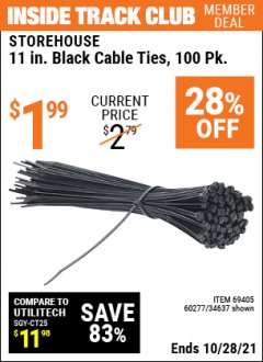 Harbor Freight ITC Coupon 11" CABLE TIES PACK OF 100 Lot No. 34636/69404/60266/34637/69405/60277 Expired: 10/28/21 - $1.99