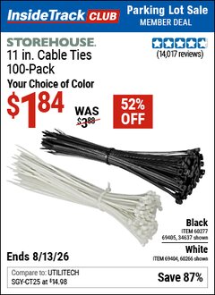 Harbor Freight ITC Coupon STOREHOUSE 11 IN. CABLE TIES, 100-PACK Lot No. 34637/69405/60277/60266/69404 Valid Thru: 8/13/26 - $1.84