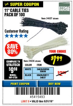 Harbor Freight Coupon 11" CABLE TIES PACK OF 100 Lot No. 34636/69404/60266/34637/69405/60277 Expired: 8/31/18 - $1.99