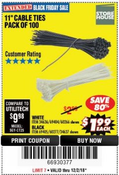 Harbor Freight Coupon 11" CABLE TIES PACK OF 100 Lot No. 34636/69404/60266/34637/69405/60277 Expired: 12/2/18 - $1.99