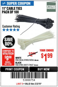 Harbor Freight Coupon 11" CABLE TIES PACK OF 100 Lot No. 34636/69404/60266/34637/69405/60277 Expired: 2/3/19 - $1.99