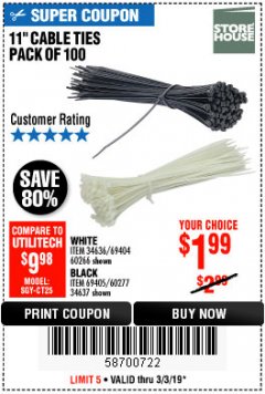 Harbor Freight Coupon 11" CABLE TIES PACK OF 100 Lot No. 34636/69404/60266/34637/69405/60277 Expired: 3/3/19 - $1.99