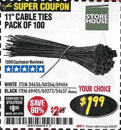 Harbor Freight Coupon 11" CABLE TIES PACK OF 100 Lot No. 34636/69404/60266/34637/69405/60277 Expired: 4/30/19 - $1.99