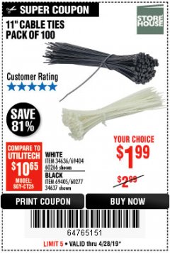 Harbor Freight Coupon 11" CABLE TIES PACK OF 100 Lot No. 34636/69404/60266/34637/69405/60277 Expired: 4/29/19 - $1.98