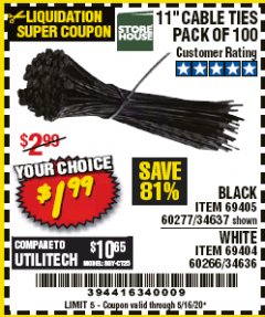 Harbor Freight Coupon 11" CABLE TIES PACK OF 100 Lot No. 34636/69404/60266/34637/69405/60277 Expired: 6/30/20 - $1.99