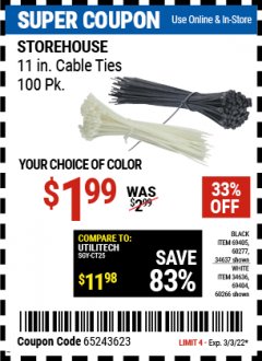 Harbor Freight Coupon 11" CABLE TIES PACK OF 100 Lot No. 34636/69404/60266/34637/69405/60277 Expired: 3/3/22 - $1.99