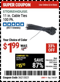 Harbor Freight Coupon 11" CABLE TIES PACK OF 100 Lot No. 34636/69404/60266/34637/69405/60277 Expired: 7/4/22 - $1.99