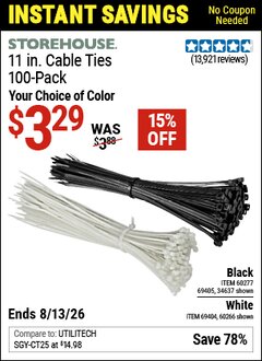 Harbor Freight Coupon STOREHOUSE 11 IN. CABLE TIES, 100-PACK Lot No. 34637/69405/60277/60266/69404 Valid Thru: 8/13/26 - $3.29