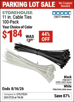 Harbor Freight Coupon STOREHOUSE 11 IN. CABLE TIES, 100-PACK Lot No. 34637/69405/60277/60266/69404 EXPIRES: 8/16/26 - $1.84