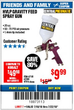 Harbor Freight Coupon 20 OZ. HVLP GRAVITY FEED AIR SPRAY GUN WITH REGULATOR Lot No. 62381/69705 Expired: 7/22/18 - $9.99