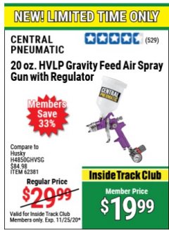 Harbor Freight Coupon 20 OZ. HVLP GRAVITY FEED AIR SPRAY GUN WITH REGULATOR Lot No. 62381/69705 Expired: 11/25/20 - $19.99