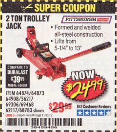 Harbor Freight Coupon PITTSBURGH 2 TON COMPACT TROLLEY JACK Lot No. 64874 Expired: 11/30/19 - $24.99