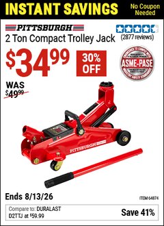 Harbor Freight Coupon PITTSBURGH 2 TON COMPACT TROLLEY JACK Lot No. 64874 Valid Thru: 6/13/26 - $34.99