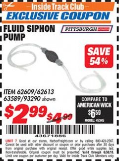Harbor Freight ITC Coupon FLUID SIPHON PUMP Lot No. 93290/60598/62609/62613 Expired: 6/30/18 - $2.99