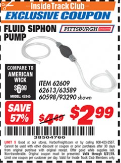 Harbor Freight ITC Coupon FLUID SIPHON PUMP Lot No. 93290/60598/62609/62613 Expired: 8/31/19 - $2.99