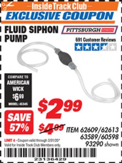 Harbor Freight ITC Coupon FLUID SIPHON PUMP Lot No. 93290/60598/62609/62613 Expired: 3/31/20 - $2.99
