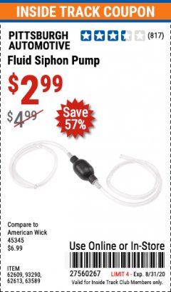 Harbor Freight ITC Coupon FLUID SIPHON PUMP Lot No. 93290/60598/62609/62613 Expired: 8/31/20 - $2.99