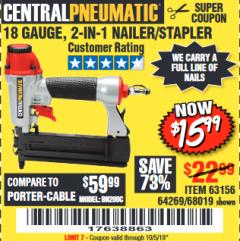 Harbor Freight Coupon 18 GAUGE 2-IN-1 NAILER/STAPLER Lot No. 68019/61661/63156 Expired: 10/5/18 - $15.99