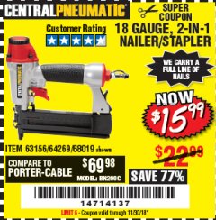 Harbor Freight Coupon 18 GAUGE 2-IN-1 NAILER/STAPLER Lot No. 68019/61661/63156 Expired: 11/30/18 - $15.99