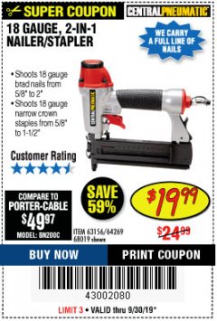 Harbor Freight Coupon 18 GAUGE 2-IN-1 NAILER/STAPLER Lot No. 68019/61661/63156 Expired: 9/30/19 - $19.99