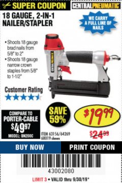Harbor Freight Coupon 18 GAUGE 2-IN-1 NAILER/STAPLER Lot No. 68019/61661/63156 Expired: 9/30/19 - $19.99