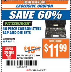 Harbor Freight ITC Coupon 40 PIECE CARBON STEEL TAP AND DIE SETS Lot No. 63016/62831/62832 Expired: 12/4/18 - $11.99