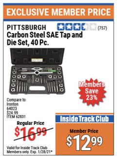 Harbor Freight ITC Coupon PITTSBURGH CARBON STEEL TAP AND DIE SET, 40-PIECE Lot No. 62831/62832 Expired: 1/28/21 - $12.99