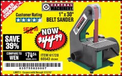 Harbor Freight Coupon 1" x 30" BELT SANDER Lot No. 2485/61728/60543 Expired: 1/12/19 - $44.99