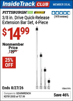 Harbor Freight ITC Coupon PITTSBURGH PRO 3/8 IN. DRIVE QUICK-RELEASE EXTENSION BAR SET, 4-PIECE Lot No. 67976 Valid Thru: 8/27/26 - $14.99
