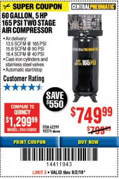 Harbor Freight Coupon 5 HP, 60 GALLON 165 PSI AIR COMPRESSOR Lot No. 62299/93274 Expired: 9/2/18 - $749.99