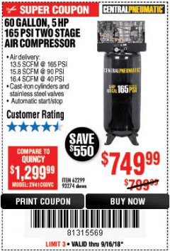 Harbor Freight Coupon 5 HP, 60 GALLON 165 PSI AIR COMPRESSOR Lot No. 62299/93274 Expired: 9/16/18 - $749.99