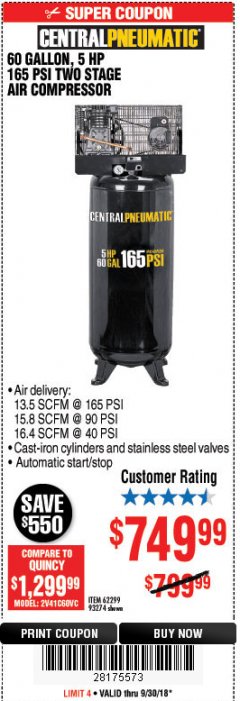 Harbor Freight Coupon 5 HP, 60 GALLON 165 PSI AIR COMPRESSOR Lot No. 62299/93274 Expired: 9/30/18 - $749.99
