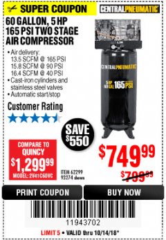 Harbor Freight Coupon 5 HP, 60 GALLON 165 PSI AIR COMPRESSOR Lot No. 62299/93274 Expired: 10/14/18 - $749.99
