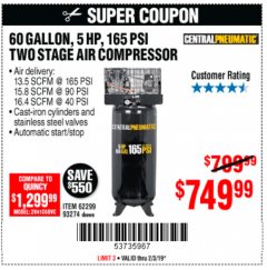 Harbor Freight Coupon 5 HP, 60 GALLON 165 PSI AIR COMPRESSOR Lot No. 62299/93274 Expired: 2/3/19 - $749.99