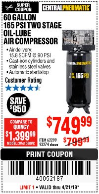 Harbor Freight Coupon 5 HP, 60 GALLON 165 PSI AIR COMPRESSOR Lot No. 62299/93274 Expired: 4/21/19 - $749.99
