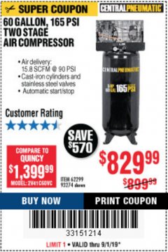 Harbor Freight Coupon 5 HP, 60 GALLON 165 PSI AIR COMPRESSOR Lot No. 62299/93274 Expired: 9/1/19 - $829.99