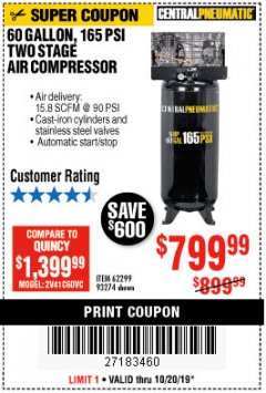 Harbor Freight Coupon 5 HP, 60 GALLON 165 PSI AIR COMPRESSOR Lot No. 62299/93274 Expired: 11/30/19 - $799.99