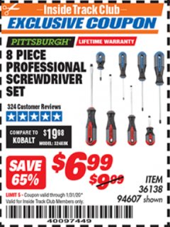 Harbor Freight ITC Coupon 8 PIECE PROFESSIONAL SCREWDRIVER SET Lot No. 94607 Expired: 1/31/20 - $6.99