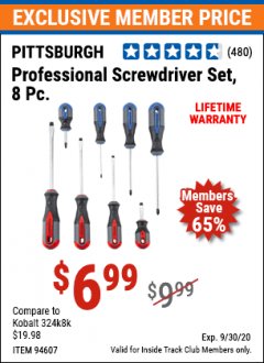 Harbor Freight ITC Coupon 8 PIECE PROFESSIONAL SCREWDRIVER SET Lot No. 94607 Expired: 9/30/20 - $6.99
