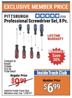 Harbor Freight ITC Coupon 8 PIECE PROFESSIONAL SCREWDRIVER SET Lot No. 94607 Expired: 1/28/21 - $6.99