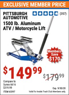 Harbor Freight ITC Coupon 1500 LB. CAPACITY LIGHTWEIGHT ALUMINUM MOTORCYCLE LIFT Lot No. 63397 Expired: 9/30/20 - $149.99