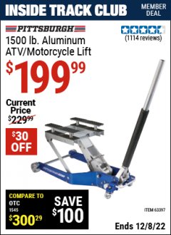Harbor Freight ITC Coupon 1500 LB. CAPACITY LIGHTWEIGHT ALUMINUM MOTORCYCLE LIFT Lot No. 63397 Expired: 12/8/22 - $199.99