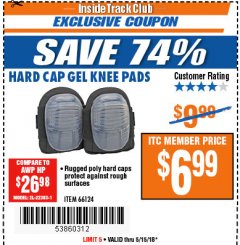 Harbor Freight ITC Coupon HARD CAP GEL KNEE PADS Lot No. 66124 Expired: 5/15/18 - $6.99