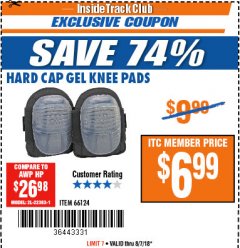 Harbor Freight ITC Coupon HARD CAP GEL KNEE PADS Lot No. 66124 Expired: 8/7/18 - $6.99