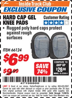 Harbor Freight ITC Coupon HARD CAP GEL KNEE PADS Lot No. 66124 Expired: 11/30/18 - $6.99