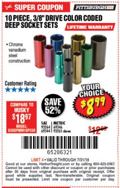 Harbor Freight Coupon 10 PIECE 3/8" DRIVE COLOR CODED DEEP WALL SOCKET SETS Lot No. 69344/93264/69346/93265 Expired: 7/31/18 - $8.99