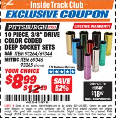 Harbor Freight ITC Coupon 10 PIECE 3/8" DRIVE COLOR CODED DEEP WALL SOCKET SETS Lot No. 69344/93264/69346/93265 Expired: 1/31/19 - $8.99