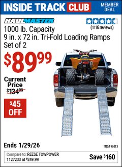 Harbor Freight ITC Coupon HAUL-MASTER 1000 LB. CAPACITY, 72 IN. X 9 IN. TRI-FOLD LOADING RAMPS, SET OF 2 Lot No. 96513 Valid Thru: 1/29/26 - $89.99