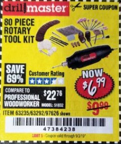 Harbor Freight Coupon 80 PIECE ROTARY TOOL KIT Lot No. 68986/97626/63292/63235 Expired: 9/3/19 - $6.99