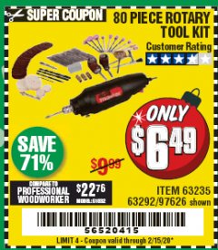 Harbor Freight Coupon 80 PIECE ROTARY TOOL KIT Lot No. 68986/97626/63292/63235 Expired: 2/15/20 - $6.49